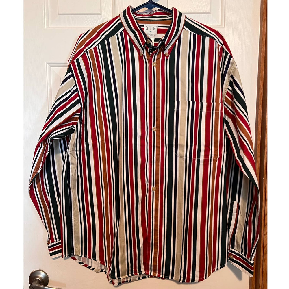 BTB Men's Striped Blue Green Tan Red Size L 30" Long‎ x 24" Pit to Pit